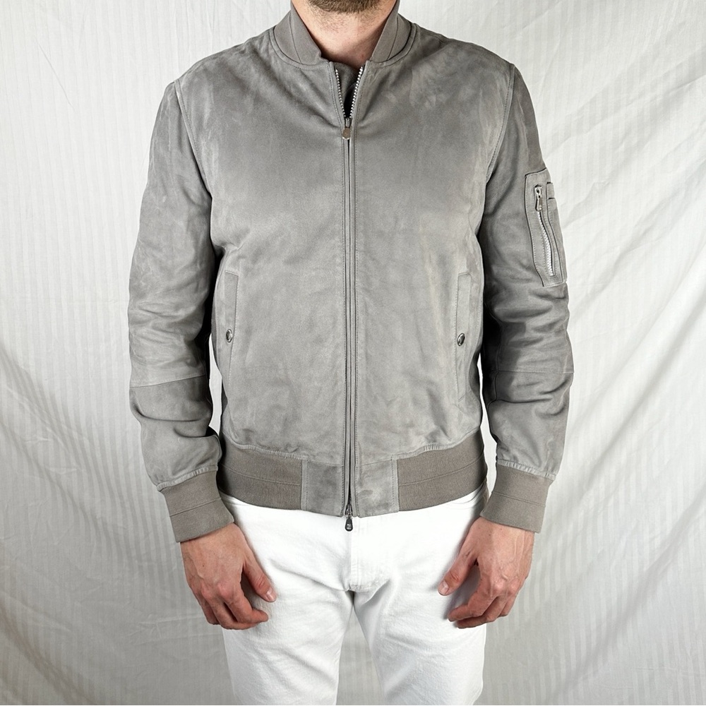 NWT Brunello Cucinelli Grey Suede Leather Moto Bomber Jacket M Made in Italy